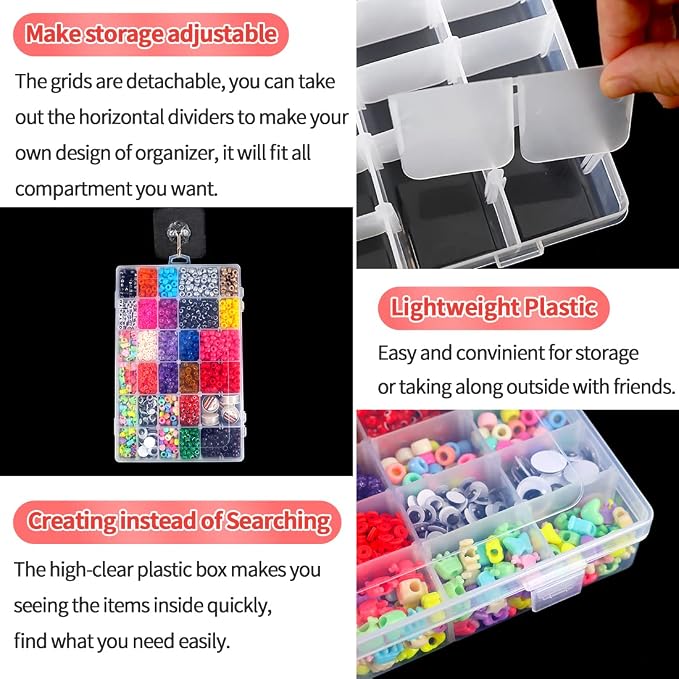 IOOLEEM 2 Pack 36 Grids Plastic Bead Organizer Box, Adjustable Dividers - Image 4