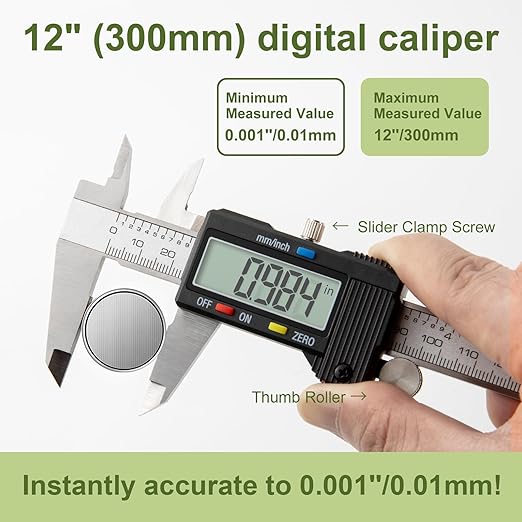 Digital Caliper 0-12" Measuring Tool with Metal Ruler, Micrometer Caliper with Auto-Off Feature, Interchangeable Between inches and millimeters for DIY/Household and 3D Printing, Black