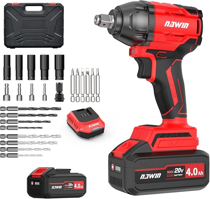 NAWIN Cordless Impact Wrench, 258Ft-lbs & 350Nm Power Impact Socket Set, 1/2 inch, Multi-Speed Adjustment, Led Light, 20V Impact Wrench with 1×4.0Ah Battery, Fast Charger