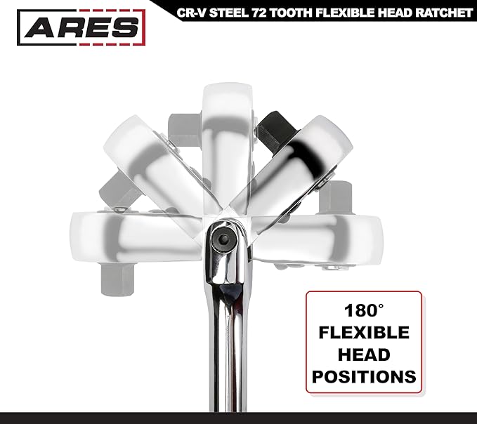 ARES 42026 - Flex Head Ratchet - 3/8-inch Drive 72-Tooth Ratchet - Premium Chrome Vanadium Steel Construction & Chrome Plated Finish - 72-Tooth Quick Release Reversible Design with 5 Degree Swing