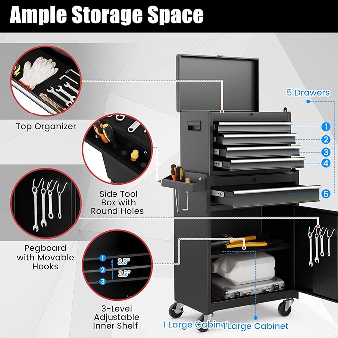 Goplus Tool Chest, 5 Drawers Rolling Tool Cabinet with Detachable Top Toolbox, Universal Lockable Wheels, Lock Bar, Protective Liner & Tool Rack, Metal Tool Storage Cart, Tool Box for Garage Workshop