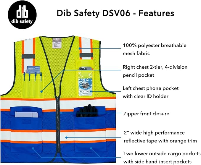 Dib Safety Reflective Mesh Vest High Visibility Two Tone with Pockets and Zipper, Yellow and Blue Mesh with Orange Trim XL