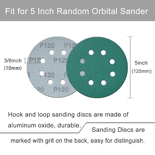 5 Inch 8 Hole Sanding Discs, 50 Pcs Wer Dry Sandpaper 120 Grit Hook and Loop Green Polyester Film Backed Sanding Disc for Random Orbital Sander Wood Car Metal Plastic (120 Grit, 50 Pack)