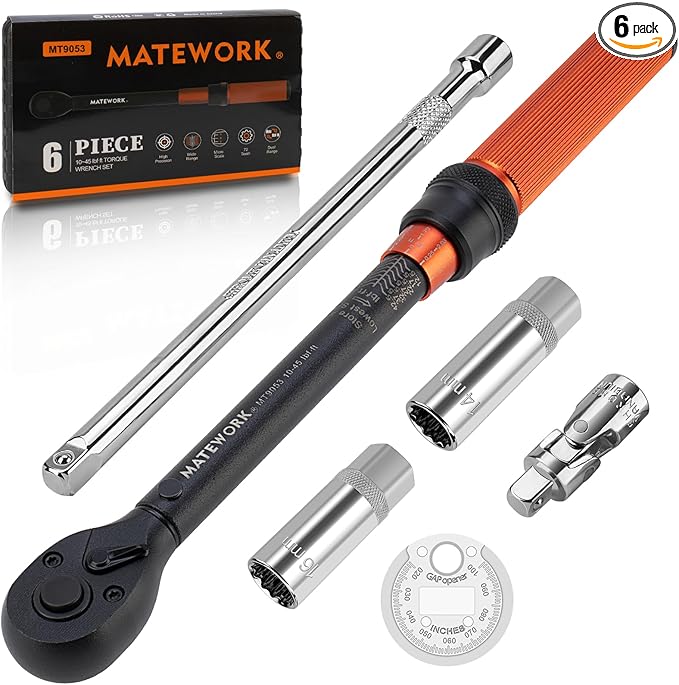 3/8-Inch Drive Torque Wrench, 6PCS Magnetic Spark Plug Socket Set with Torque Wrench 3/8 Drive (10-45 FT.LB/13.6-61 Nm), Includes Spark Plug Gap Tool, Universal Joint, 10” Extension Bar