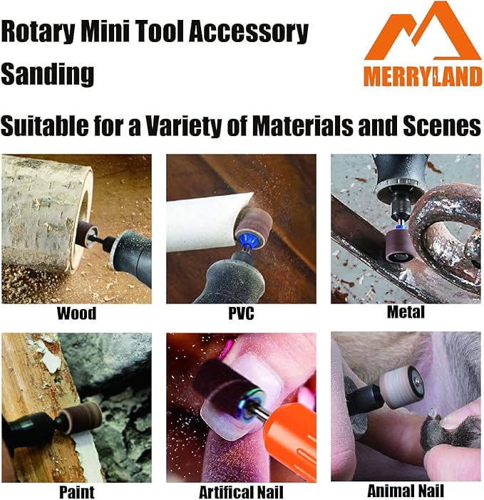 Merryland Drum Sander Sanding Band for Dremel 184pcs, 120# 1/4" Sanding Sleeve 180pcs and Mandrel 4pcs Rotary Tool, Electric Power Tool Accessory DIY, RMTA184C4