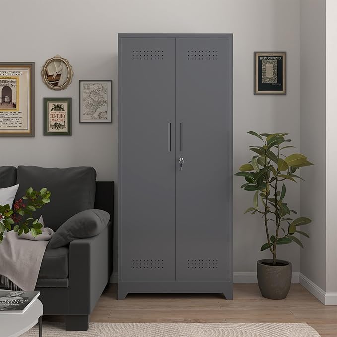 72.8" H Metal Storage Cabinet with Lockable Doors, Functional Garage Storage Cabinets, Cleaning Supply Tool Cabinets with Removable Pegboard Hanging Rod & S-Hooks, Grey
