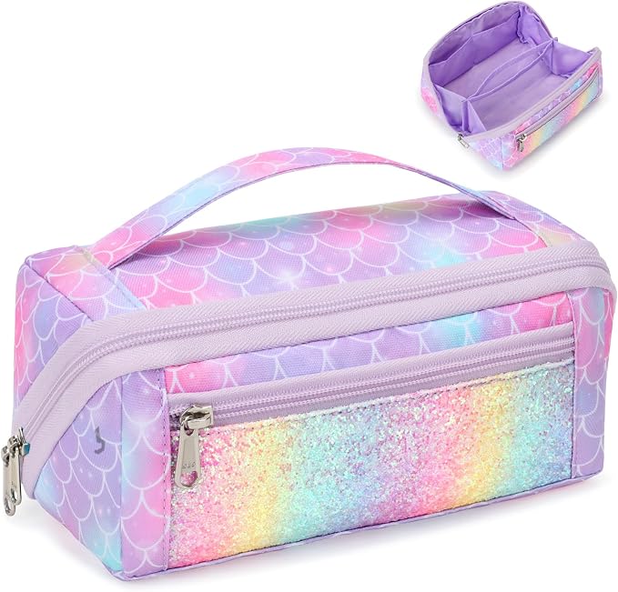 Large Pencil Case for Girls, Aesthetic Pencil Pouch for School, Wide Opening by BrainyBees