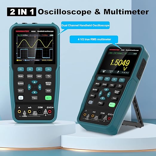 HANMATEK Handheld Digital Oscilloscope 50Mhz Bandwidth with 2 Channels HO52 3.5" TFT Mini Oscilloscope, 2 in 1 Oscilloscope and Multimeter, Backlit Screen, Auto-Calibration Function, Memory Function