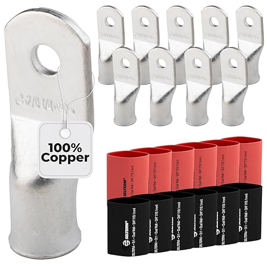 SELTERM 10pcs - 2/0 Awg - 1/4" Stud - Battery Lugs - Ring Terminal Connectors with 12pcs 3:1 Black & Red Heat Shrink Tubing with Adhesive | Heavy Duty Battery Cable Ends - Tinned Copper Wire Lugs Kit