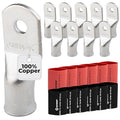 SELTERM 10pcs - 2/0 Awg - 1/4" Stud - Battery Lugs - Ring Terminal Connectors with 12pcs 3:1 Black & Red Heat Shrink Tubing with Adhesive | Heavy Duty Battery Cable Ends - Tinned Copper Wire Lugs Kit