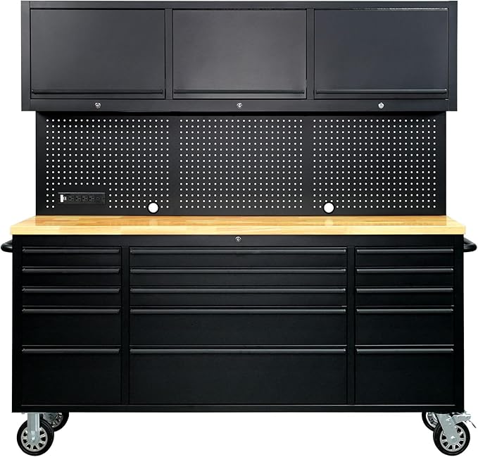 CT Copper Tailor 72-inch Rolling Tool Chest with Integrated Power Strip,15 Drawers and Wheels, Garage Workbench with Storage, 3 Upper Cabinets, Pegboard in Matte Black