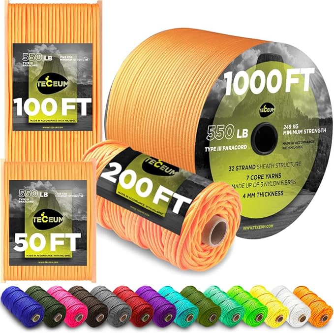 TECEUM 5/32" Paracord Rope 1000 – 1000ft / 200ft / 100ft / 50ft – Tactical Parachute Cord 4mm – 45+ Colors – Nylon String for Survival & Camping Gear – Stripe Cord for Survival – Utility Rope