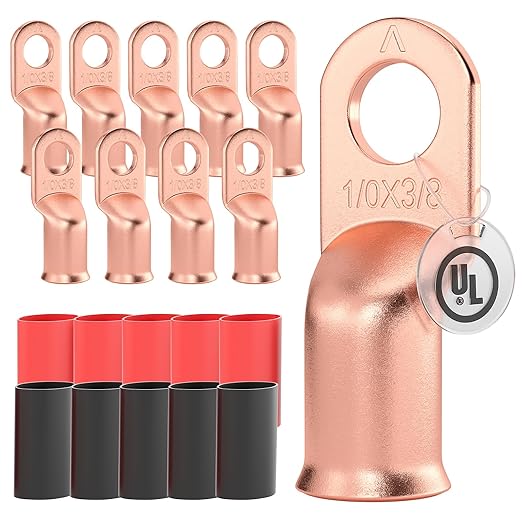 AIRIC 10 PCS UL Listed 1/0 AWG - 3/8" Battery Cable Lugs, Heat Shrink Ring Terminals End, Copper Cable Ends, Wiring Connector Terminal, Electrical Crimp Connectors, Wire Lug for 1/0 Gauge Wires