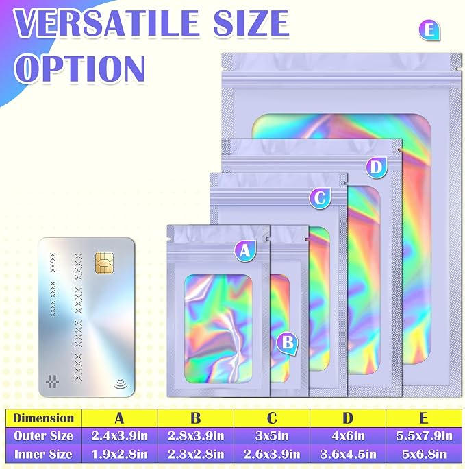 JETMORE 100 Pcs Mylar Bags, Smell Proof Bags Foil Pouch, Holographic Resealable - Image 6
