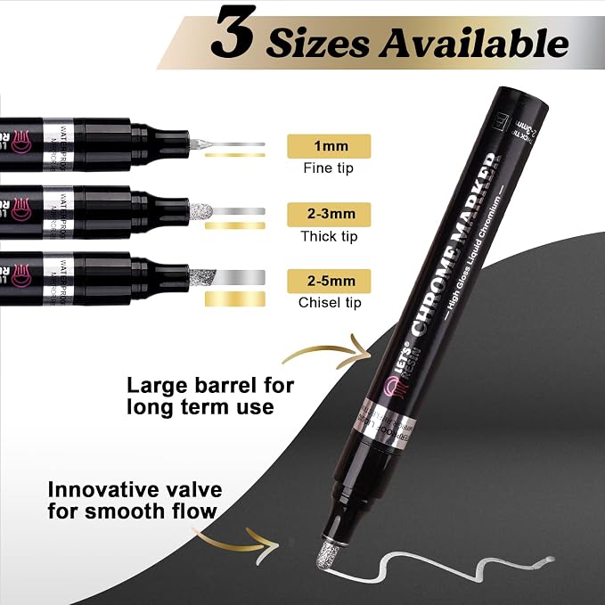 LET'S RESIN 6Pcs Mirror Chrome Markers, 3 Sizes Shiny Chrome Paint Pen - Image 2
