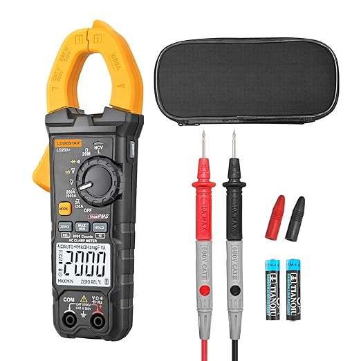Digital Clamp Meter Multimeter 2000 Counts Voltage Tester with Auto-Range, AC/DC Voltage, AC Current, Resistance, Continuity Diode, Live Wire Test, NCV, True RMS clamp Meter AC Current Meter LD201+