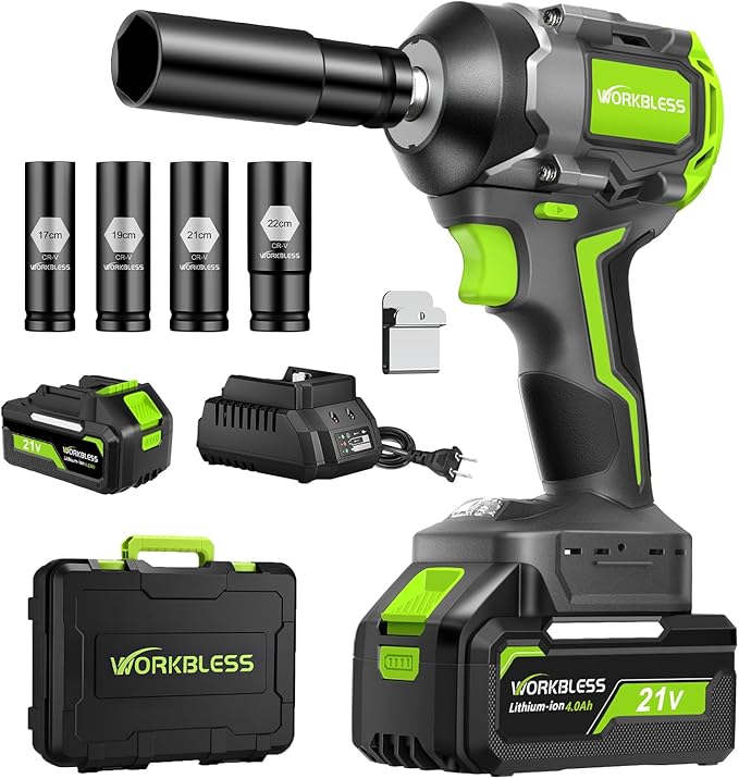 Brushless Cordless Impact Wrench, 850Nm (630Ft-lbs) High Torque, 1/2 Inch Impact Gun with 20V 4Ah Battery, 3-Speed, 4 Cr-V Sockets (17/19/21/22mm) for Car Tire, Mower Lug Nut