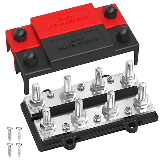 250A Dual Row Bus Bar 12V Power Distribution Block 8 x 3/8" Terminal Stud, 6 x #8 Screw Terminals Positive & Ground Battery Bus Bar