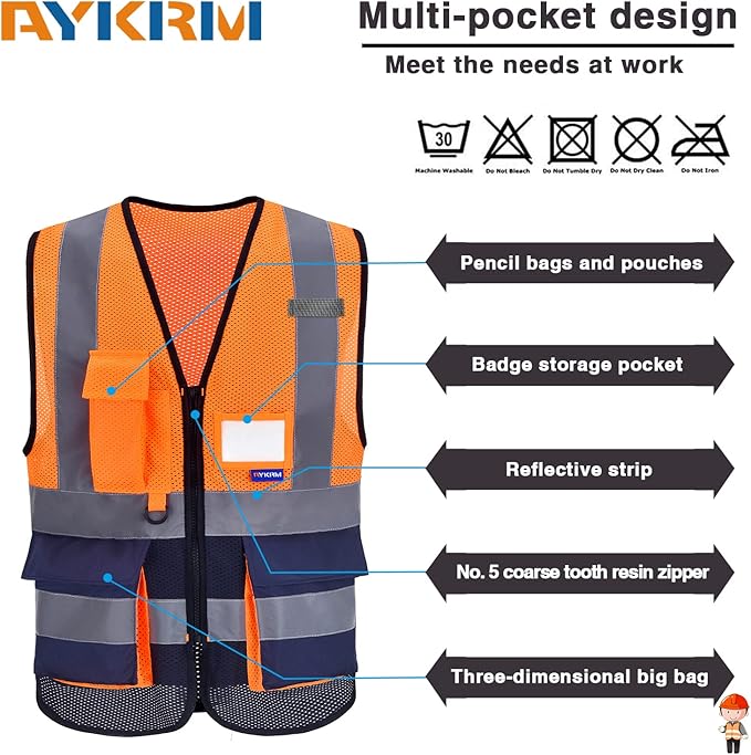 A-SAFETY High Visibility Mesh Safety Reflective Vest with Pockets and Zipper,Hi Vis Viz Reflective Safety Vest(Orange&Navy Mesh M)