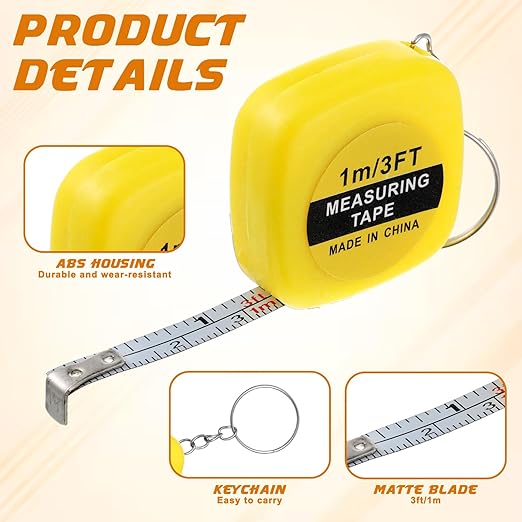 80 Pack Mini Tape Measure Keychains, 3ft/ 1m Functional Small Retractable Measuring Tape Portable Easy Read Pocket Measurement Tape for Birthday Party Favors Engineer Crafter Daily Use(Yellow)