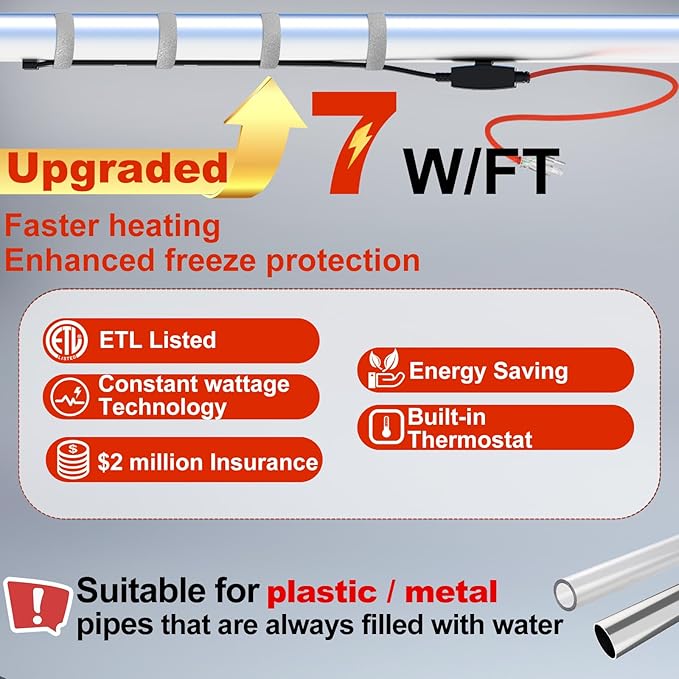 HEATIT Electric Heating Cable Automatic Heat Tape Pipe Freeze Protected Heated Cable PVC Pipe Heater 6 Feet