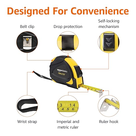Amazon Basics Self-Locking Tape Measure, 33 feet (10 m), Inch/Metric Scale, MID Accuracy, Black, Yellow