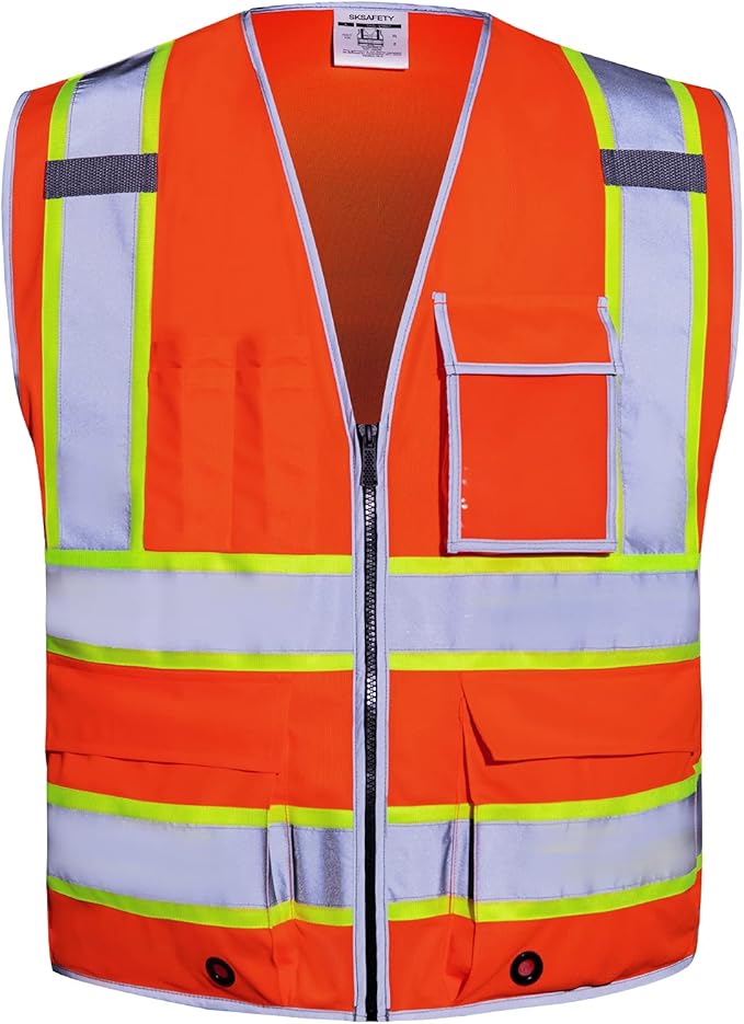 SKSAFETY 10 Pockets Safety Vest, Class 2 High Visibility Security with Zipper, Hi Vis Vest with Reflective Strips, ANSI/ISEA Standard, Construction Work Vest for Men ＆ Women （Orange, 2XL）
