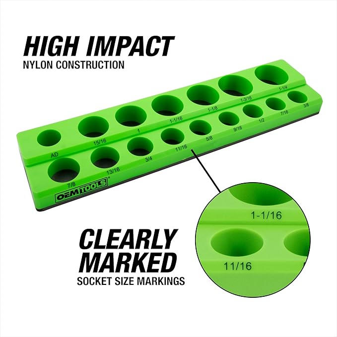OEMTOOLS 22461 6 Pack Set Metric and SAE Magnetic Socket Tray Set, Green and Blue Socket Organizers, 1/4, 3/8, 1/2 Inch Drive Socket Organizer Tray Set
