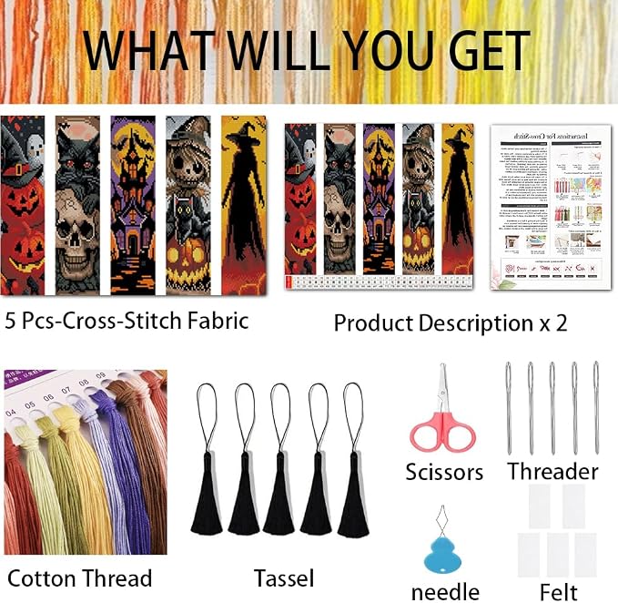 VIGEGU 5 Pcs Cross Stitch Kits for Beginners, Halloween Stamped Cross Stitch - Image 2