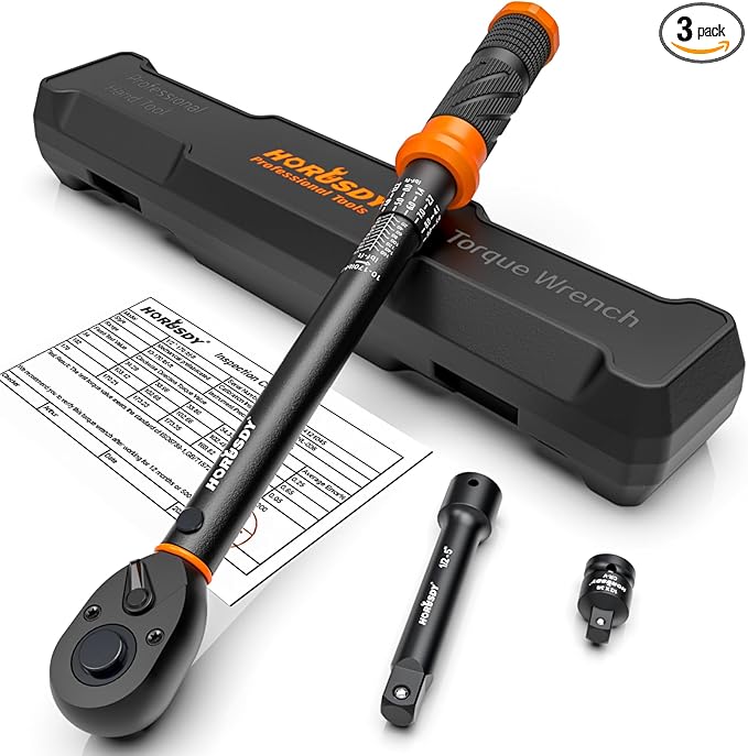 HORUSDY 1/2-Inch Drive Click Torque Wrench Set – 10–170 ft-lb / 13.6–230.5 Nm, ±3% Precision, Dual Scale, 72-Tooth Reversible Head with 5" Extension & Adapter for Car, Tire, and Motorcycle Use