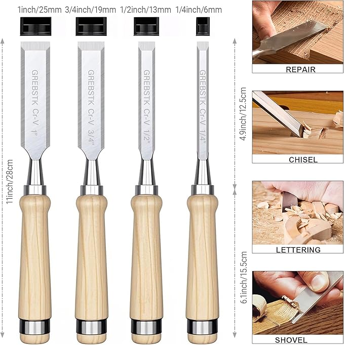 GREBSTK 4 Pcs Wood Chisel Set, CRV Steel Bevel Sharp Edge Bench Chisels with Safety Caps, Comfortable Oversized Solid Wood Handle, for Woodworking and DIY Projects, 11"x(1/4", 1/2", 3/4", 1")