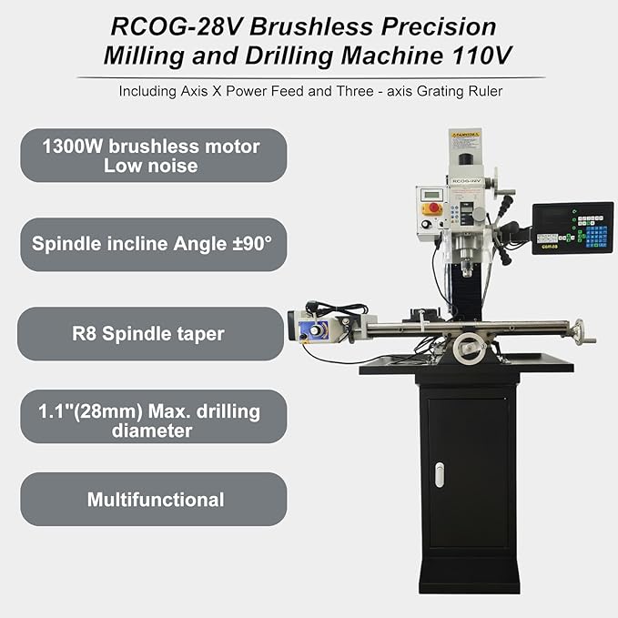 1300W Drilling and Milling Machine with Support Base, R8 Spindle Taper, 1.1" Drilling Diameter, Integrated Vertical Drilling and Milling Lathe for Metal, Wood and Plastic 110V