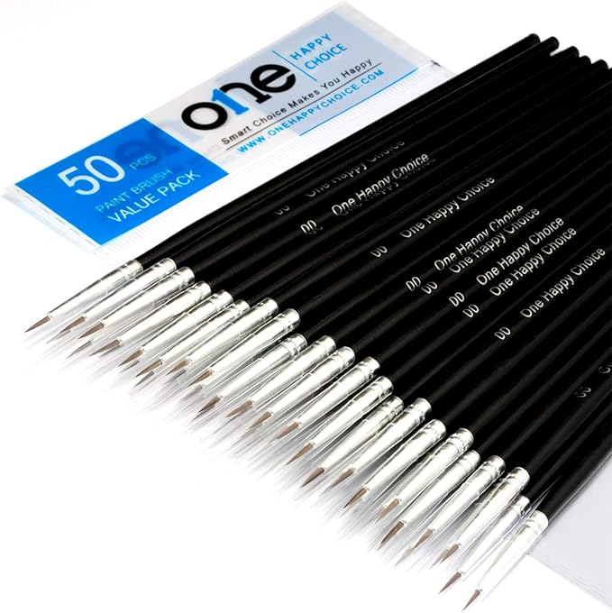 50 Pcs Fine Detail Synthetic Paint Brush Set, Pointed Round Size #00 Small | by ONEHAPPYCHOICE