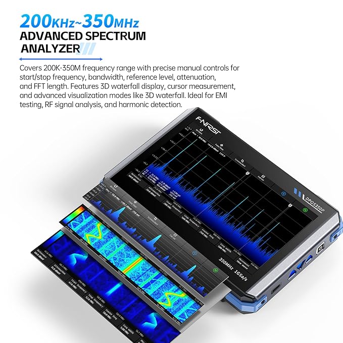 FNIRSI DPOS350P 4-in-1 Tablet Oscilloscope 350MHz, Spectrum Analyzer 200KHz - 350MHz, Frequency Response Analyzer DDS Generator, 2CH Handheld Oscilloscope 1 GSa/s, 7" Touch Screen Digital Phosphor