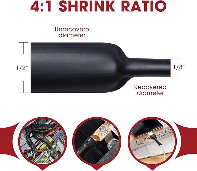 Heat Shrink Tubing 4:1 Dual Wall Adhesive Liner Wires Cable Wraps Connection Protection (Black, 1/2"-18ft)