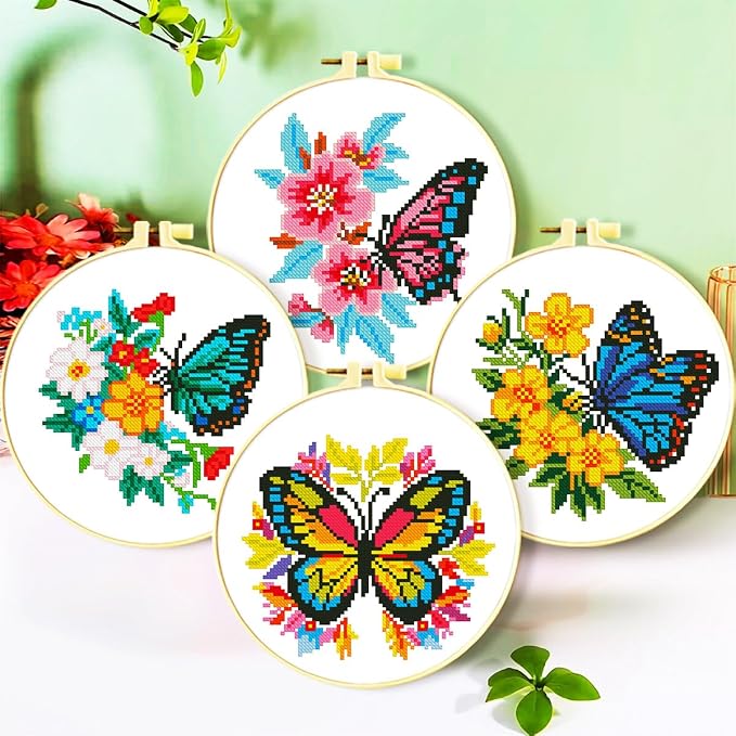 Zhenqing 4-Pack Butterfly Cross Stitch Kits – 11CT 24x24cm Aida Cloth by ZhenqingHomeFlagship