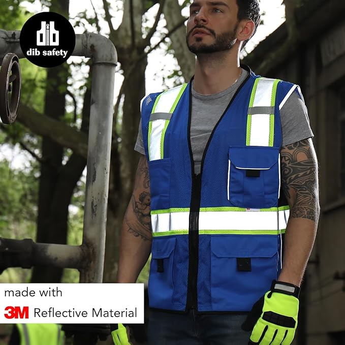 Dib Safety Vest Reflective Blue Mesh, High Visibility Vest with Pockets and Zipper, Heavy Duty Vest Made with 3M Reflective Tape L