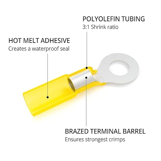 Wirefy 90 PCS Heat Shrink Ring Terminals 1/2" - a Resistant Ring Connectors - Eyelet Wire Connectors - Large Ring Terminals - Yellow 10-12 AWG