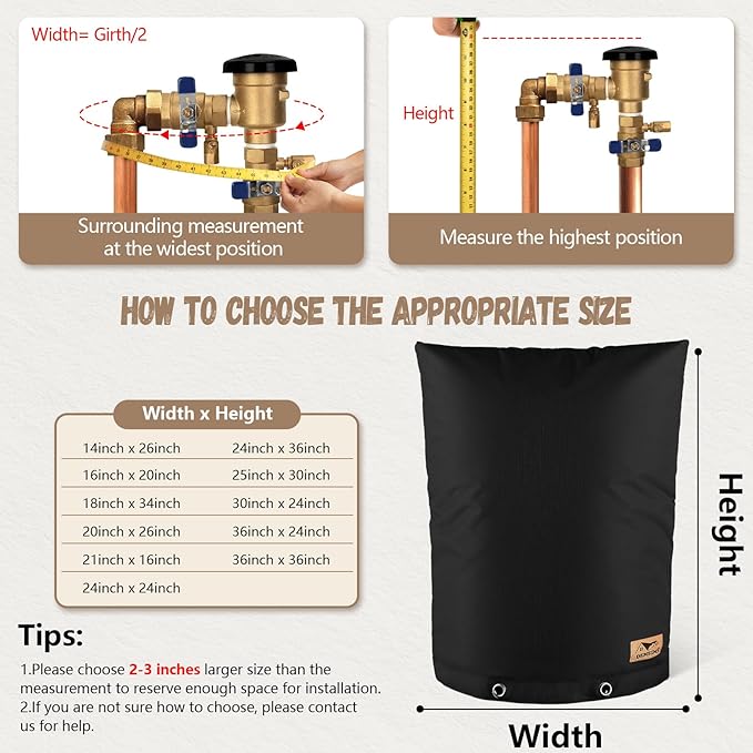 Backflow Preventer Insulation Cover - Water Pipe Insulation Sprinkler Cover for Outside - Insulated Backflow Cover Pouch for Irrigation Back Flow Valve in Winter or Sun Exposure (14"W x 26"H, BLACK)