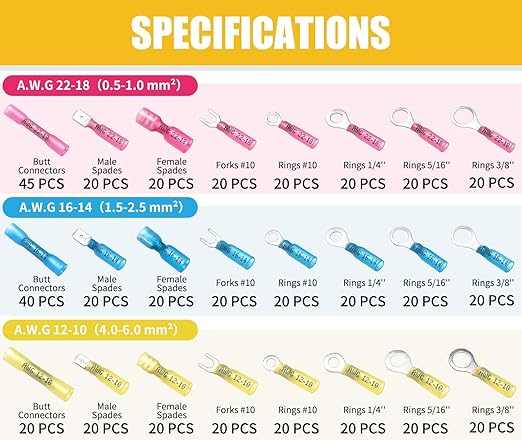525PCS Heat Shrink Wire Connectors, 22-10 AWG Marine Grade Heat Shrink Butt Connectors, Waterproof Electrical Wire Terminals Kit Insulated Ring Fork Spade Butt Splices for Automotive Boat Truck