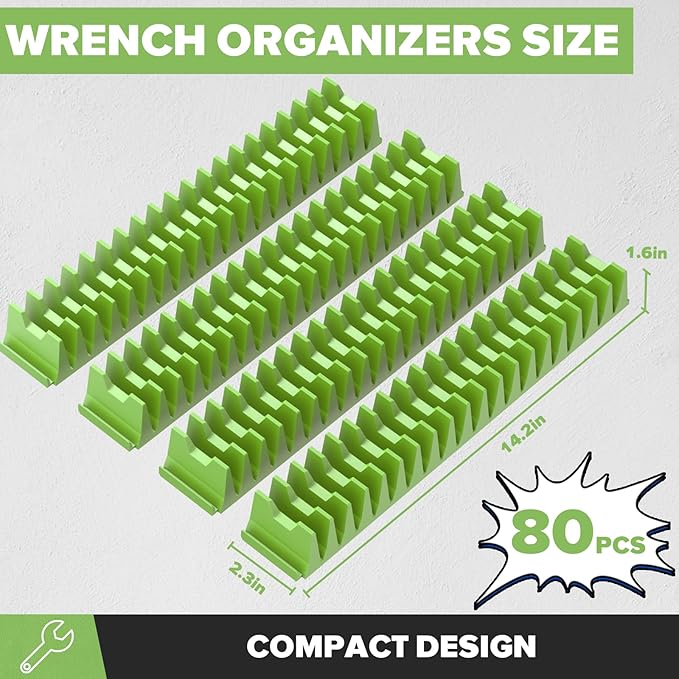 80PCS Modular Wrench Organizer Wrench Holder - Wrench Tool Organizers for Tool Drawer Storage, Wrench Storage Set with Metric & SAE Label, Wrench Rack Tool Gift for Professional Mechanics Men, Green