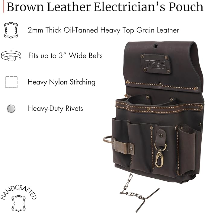 FESA Leather Electrician Tool Pouch - 13-in-1 Top Grain Leather Electrician Pouch w/Steel Hammer Loop, Tape Measure Clip, Tape T-Chain & 6 Pockets - Fits Belts up to 3" - Handcrafted