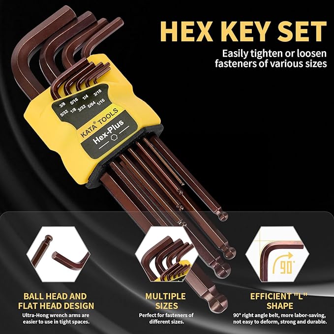 SAE Hex Key Set Ball End Long Arm S2 – 9PCS SAE Allen Wrenches, S2 Alloy Steel, 1/16–3/8 Inch, 6.7in, Bronze Finish, for US Standard Screws, Furniture, Bike Repairs