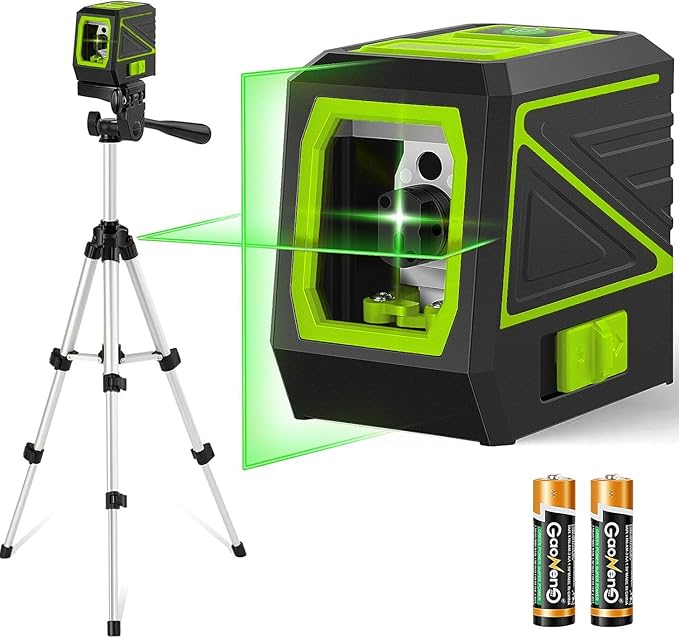 Laser Level with Tripod, 100 Ft Manual Self leveling Laser Level, Green Cross Line，Use for Picture Hanging Floor Construction Tile Wall Home Renovation, Indoor Project, Battery Included（Green)