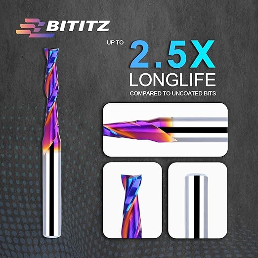 2PCS Upcut Spiral Router Bit 1/4 Inch Shank 3/16 Inch Cutting Diameter 1 inch Cutting Length with Extra Long Life Coating CNC Router Bits End Mill for Wood Cutting, Slot Mortise, Engraving