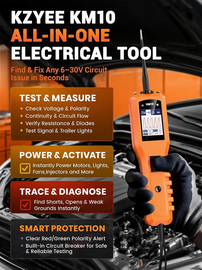 KZYEE KM10 Power Circuit Probe Kit, 12V 24V Automotive Circuit Tester, Digital Multimeter, Short Finder, AC/DC Voltage Tester, Diode & Resistance, Current Probe Component Activation, 20FT+20FT Cable