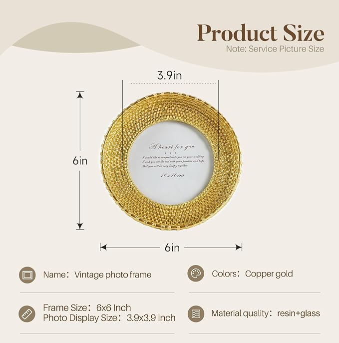 Cuspin 4x4 Round Gold Picture Frame, Vintage Woven Circle Photo Frame - Image 6