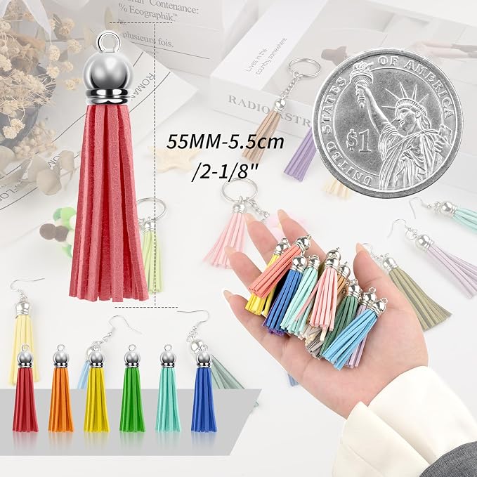 120 Pack Leather Keychain Tassels Charms Silver White Cap Multicolor Tassels - Image 3