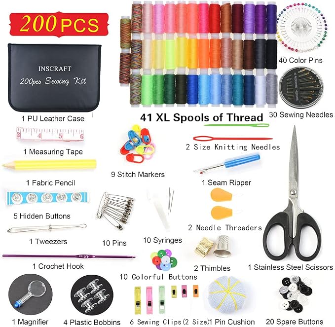 INSCRAFT Sewing Kit, 200 Premium Sewing Supplies, 41 XL Thread Spools, Suitable - Image 2