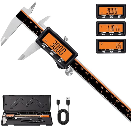 HARDELL Digital Caliper 8" USB-C Charging – Orange Display, Non-Backlit | by HARDELL
